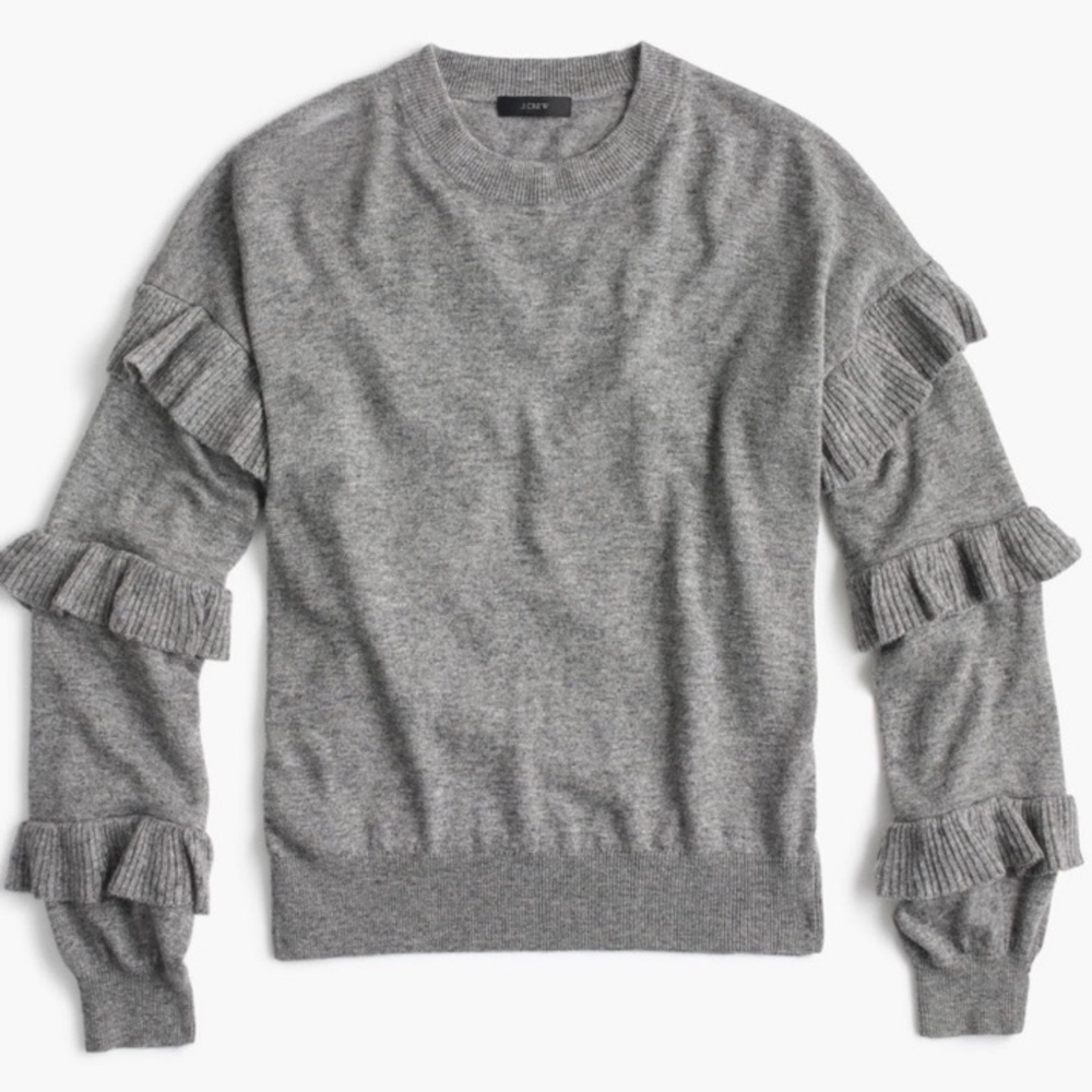 NWT J. Crew Tiered Ruffled Sleeve Gray Knit Wool Sweater Small Gray